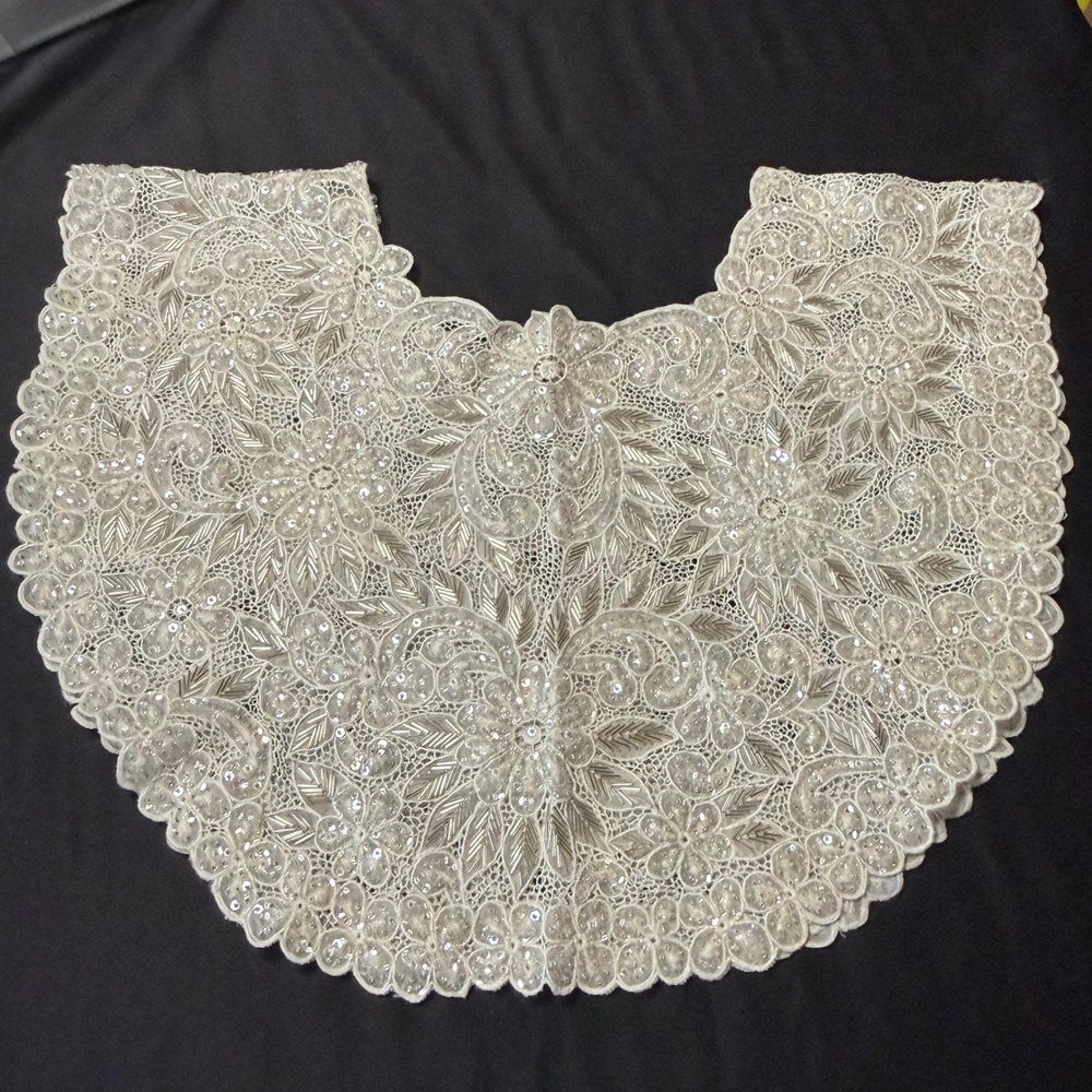Vtg Sequin Floral Lace Capelet Collar Yoke Applique White Bridal Wedding Trim - Picture 3 of 6